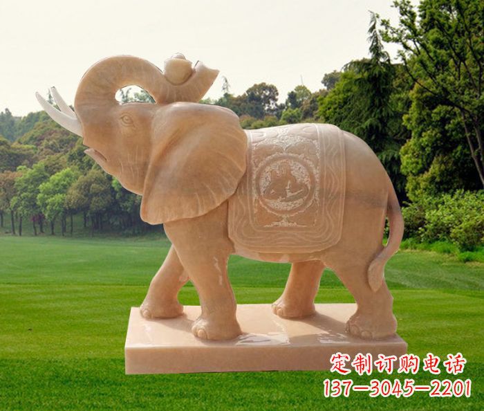 宁夏晚霞红吉祥如意鼻卷元宝的大象石雕
