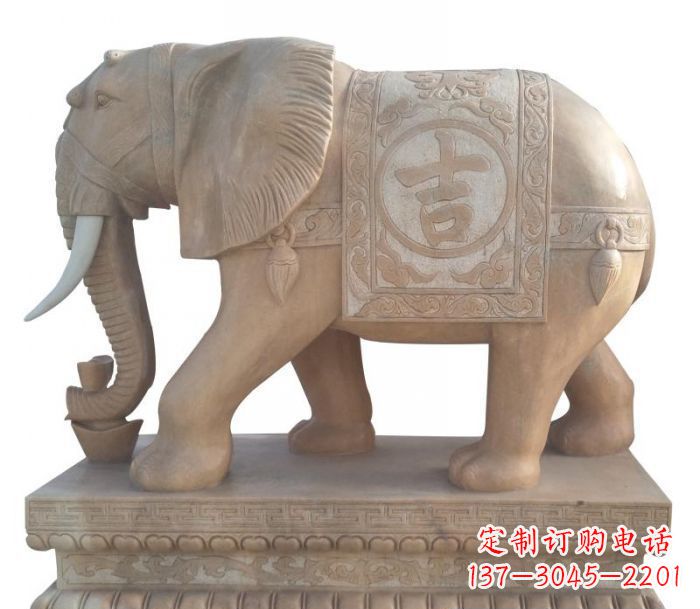 宁夏晚霞红吉祥如意大象石雕 (4)