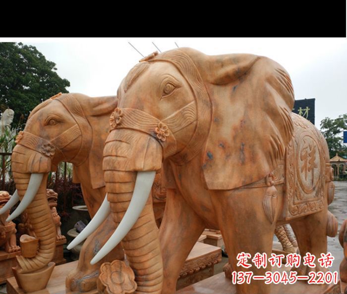 宁夏晚霞红吉祥如意门口镇宅招财大象石雕 (3)