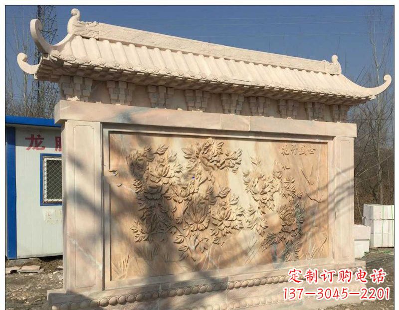 宁夏晚霞红牡丹花浮雕影壁