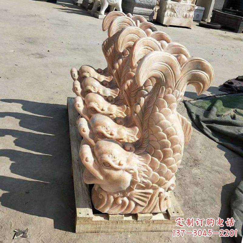 宁夏晚霞红喷水鱼石雕-园林水景喷泉动物雕塑摆件