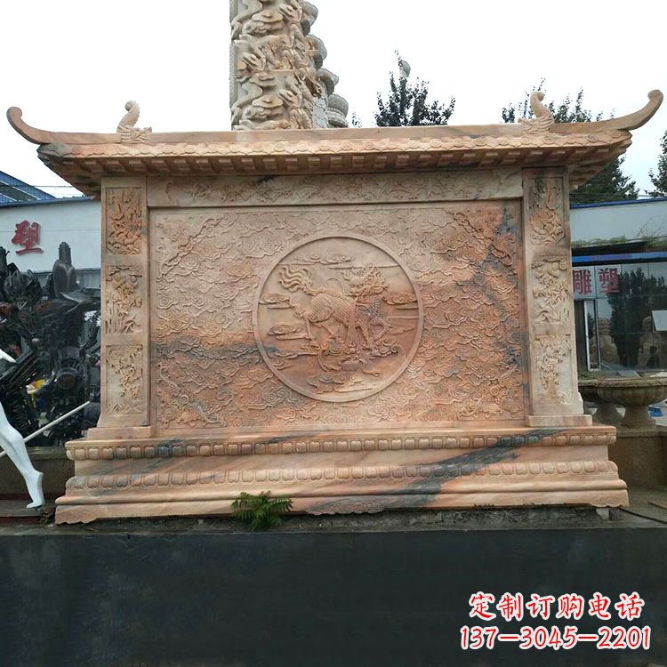 宁夏晚霞红麒麟影壁墙石雕