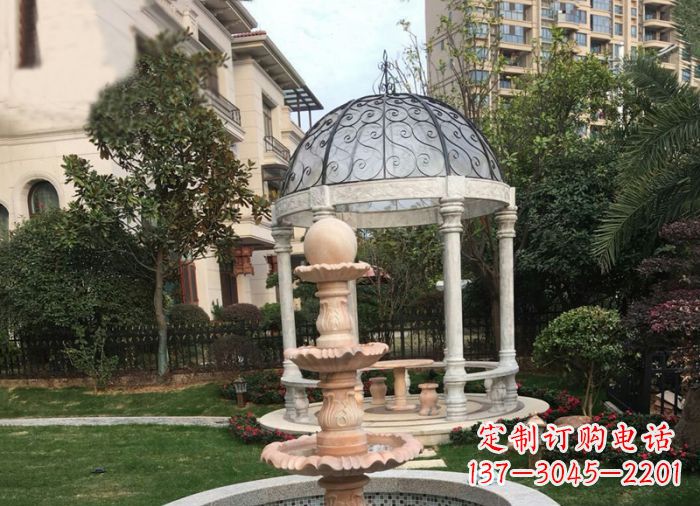 宁夏晚霞红三层风水球喷泉小区石雕