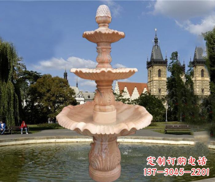 宁夏晚霞红三层喷泉广场石雕