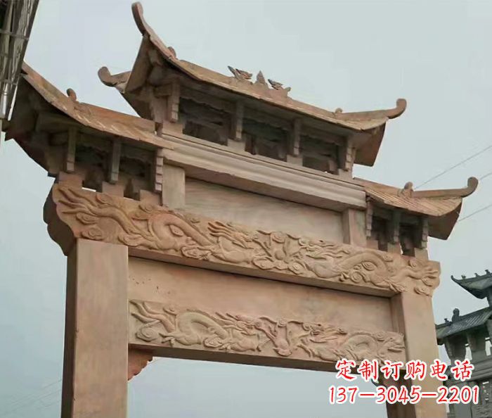 宁夏晚霞红石雕单门牌坊