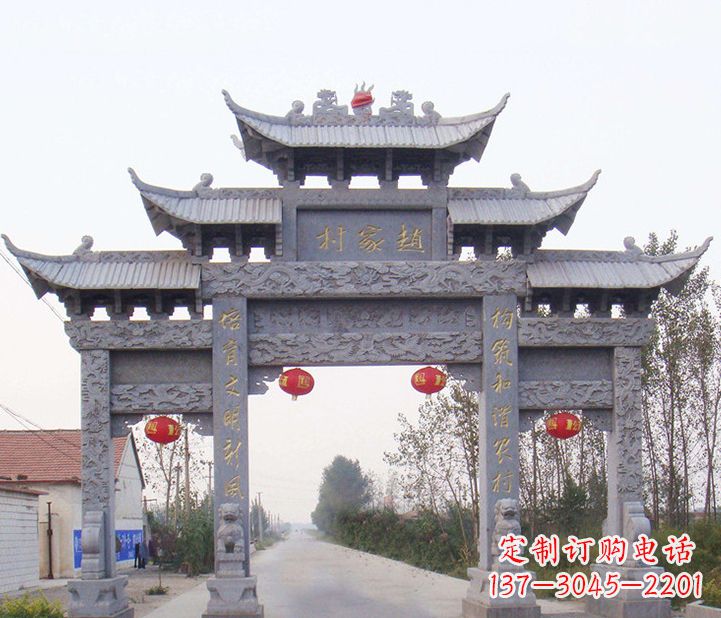 宁夏晚霞红石雕牌坊
