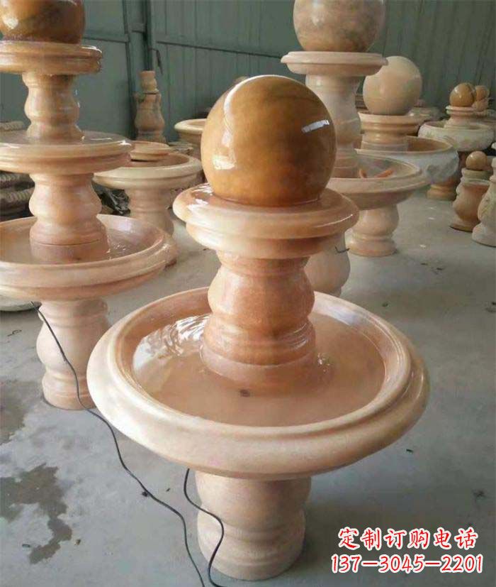 宁夏晚霞红双层风水球别墅喷泉石雕