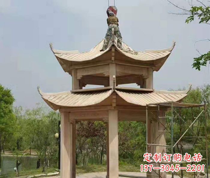 宁夏晚霞红双层凉亭石雕 (2)