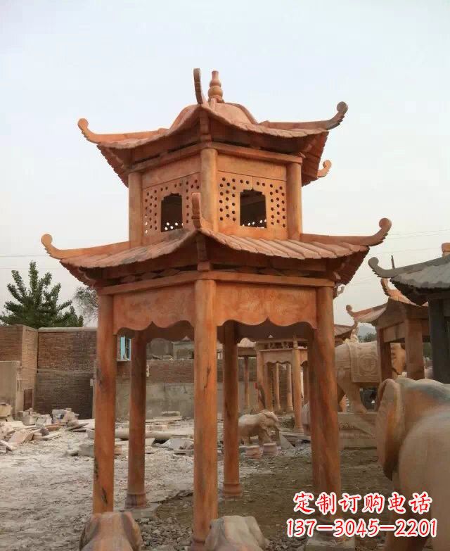 宁夏晚霞红双层凉亭石雕