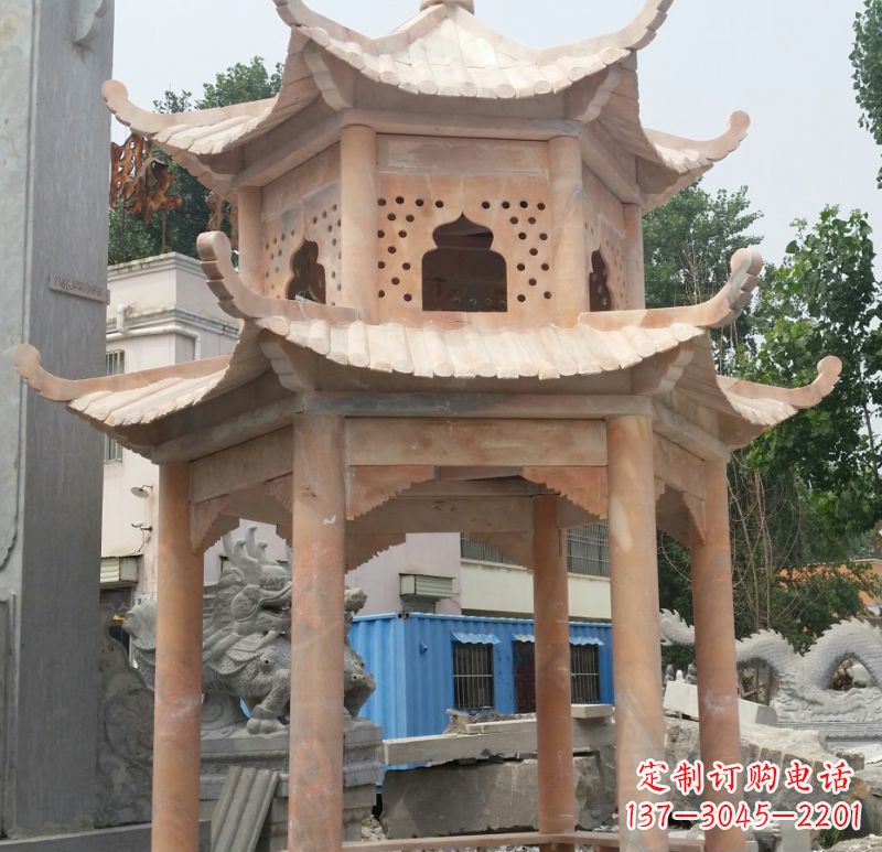 宁夏晚霞红双层六角凉亭石雕 (2)