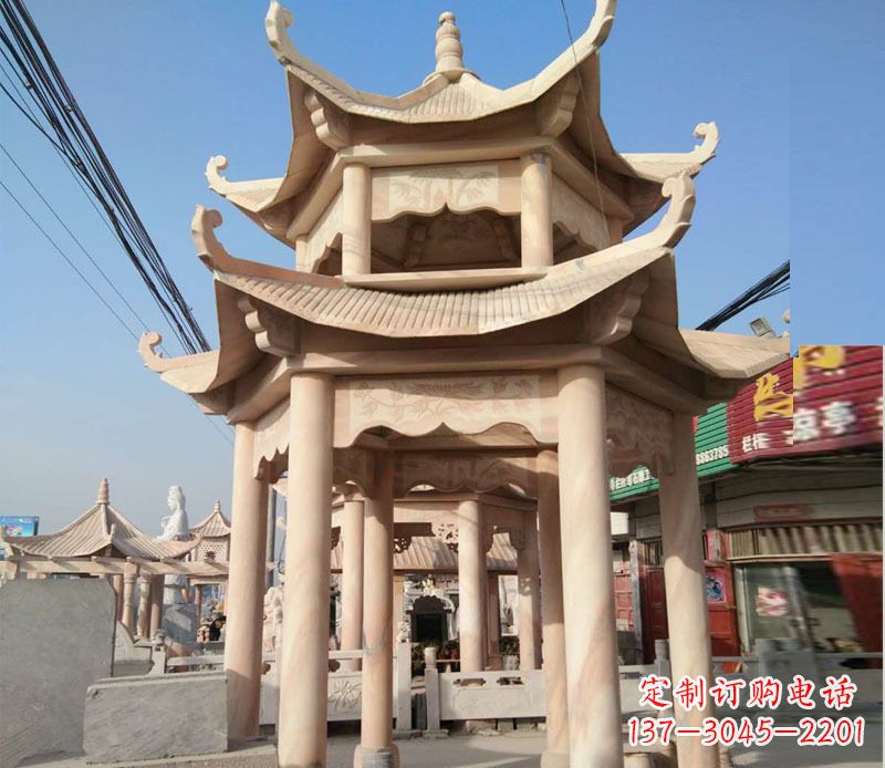 宁夏晚霞红双层六角凉亭石雕 (3)