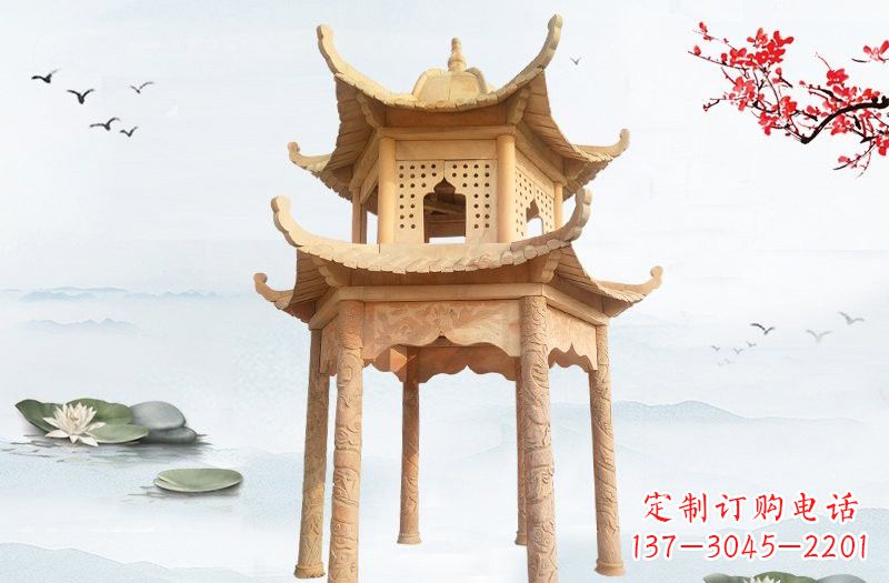 宁夏晚霞红双层六角凉亭石雕