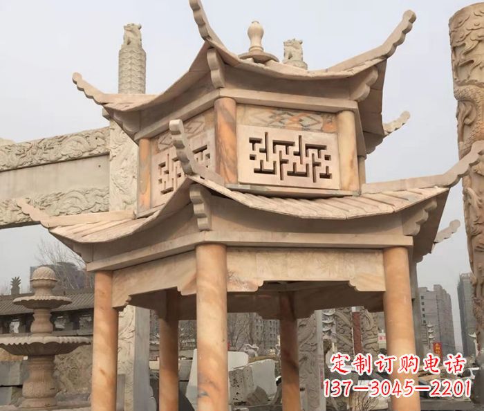 宁夏晚霞红双层石雕凉亭