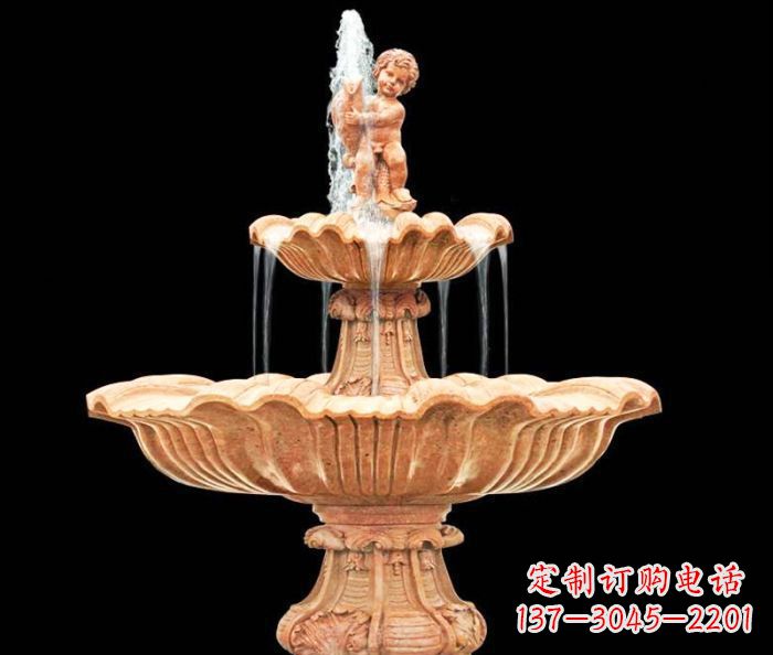 宁夏晚霞红小孩抱鱼石雕喷泉