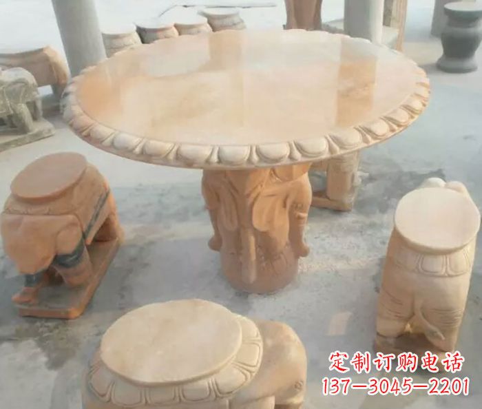宁夏晚霞红小象桌凳别墅石雕 (2)