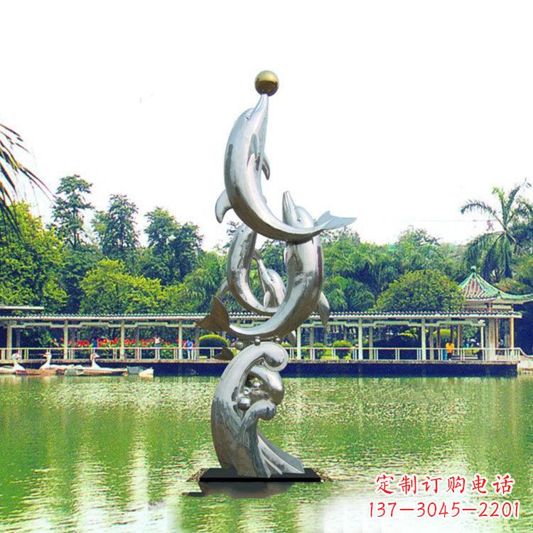 宁夏戏球不锈钢海豚雕塑-园林水景动物景观