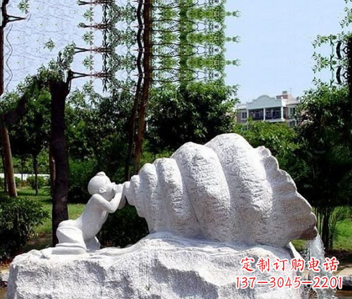 宁夏小区景观小孩吹螺号石雕
