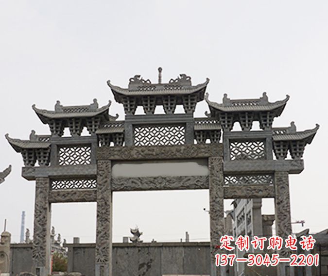 宁夏园林仿古三门牌坊石雕 (4)