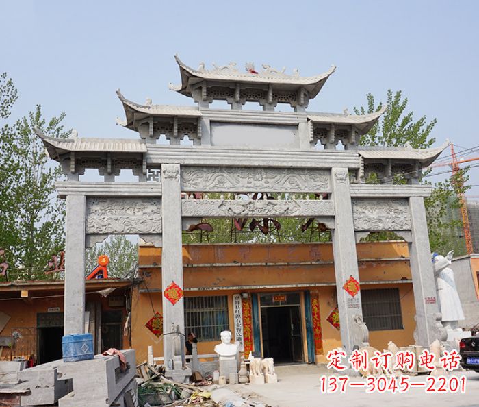 宁夏园林仿古三门牌坊石雕 (5)
