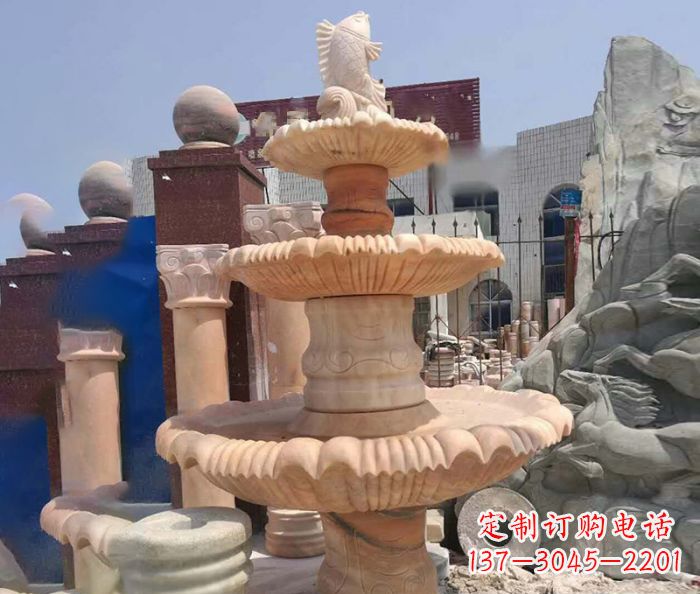 宁夏园林景观晚霞红鲤鱼喷泉石雕