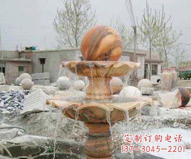 宁夏园林景观晚霞红风水球喷泉石雕