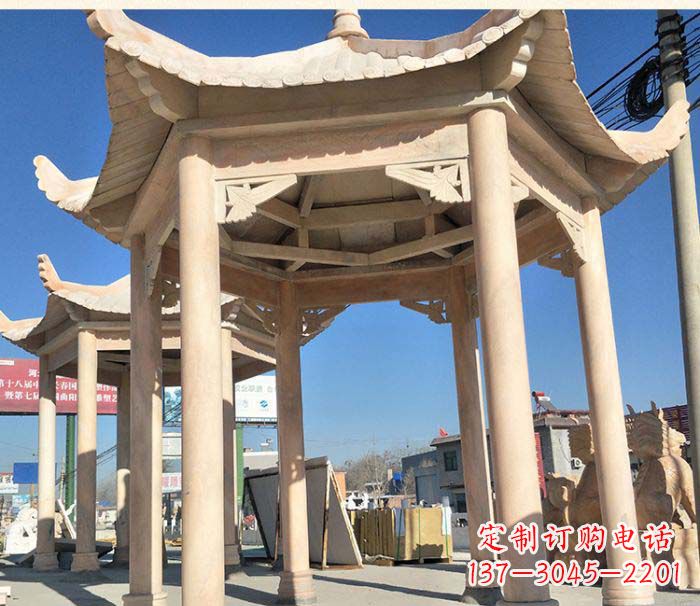 宁夏园林景观晚霞红六角石雕凉亭 (2)
