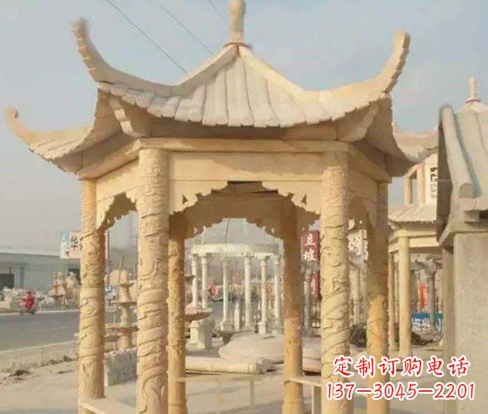 宁夏园林景观晚霞红六角石雕凉亭 (3)