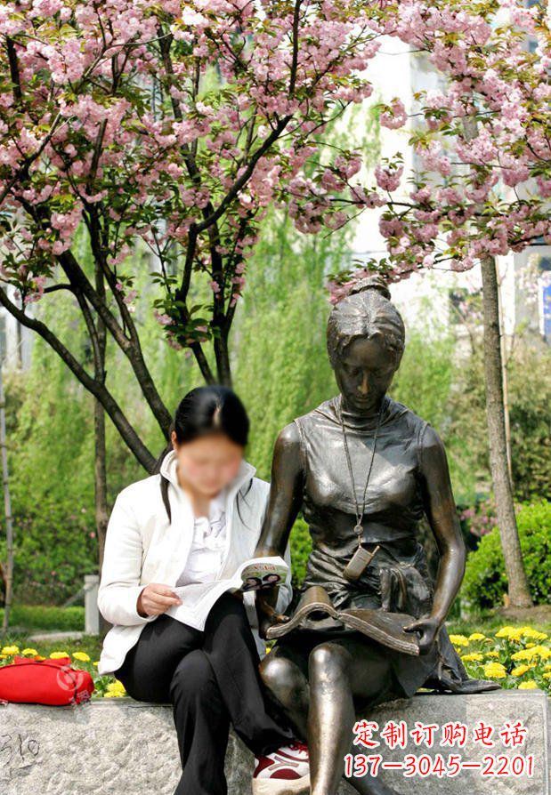 宁夏园林看书的女人人物景观铜雕