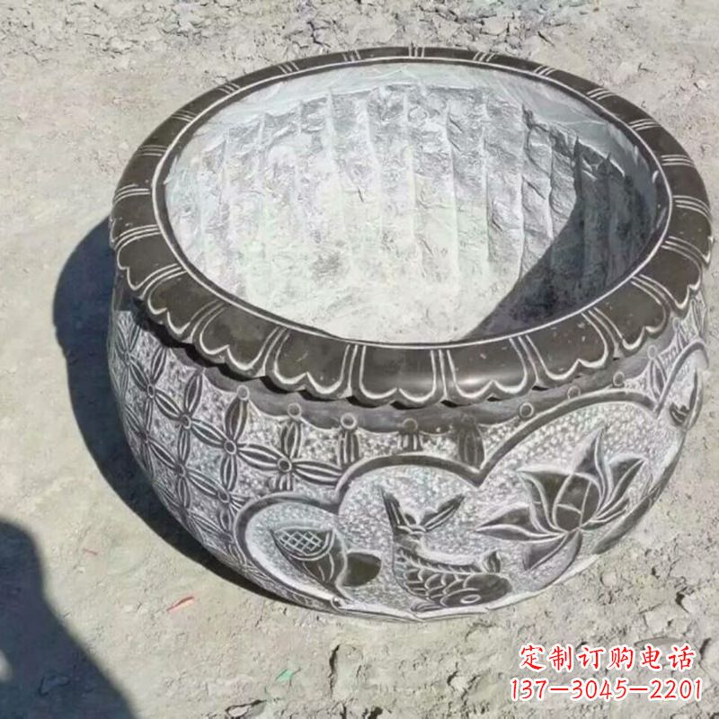 宁夏园林莲花鱼纹石雕水缸