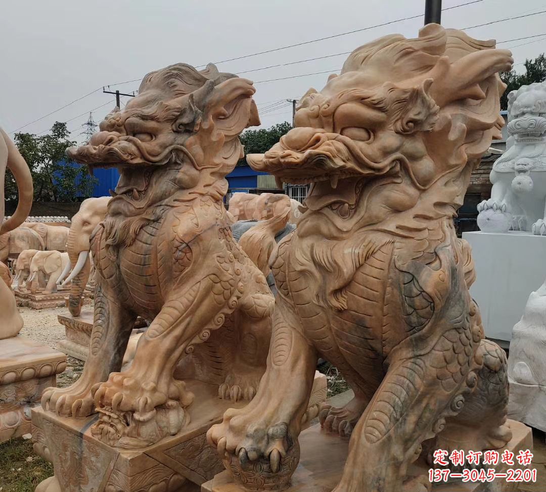 宁夏园林晚霞红古代招财神兽麒麟石雕