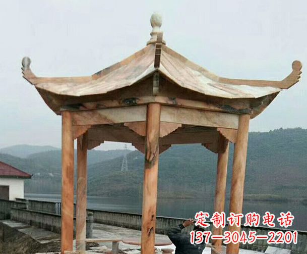 宁夏园林晚霞红单层石凉亭景观石雕