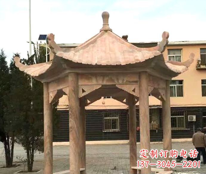 宁夏园林晚霞红六角石雕凉亭