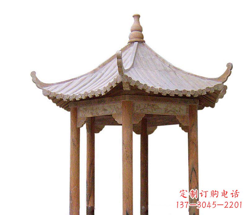 宁夏园林晚霞红六角石凉亭景观石雕 (2)
