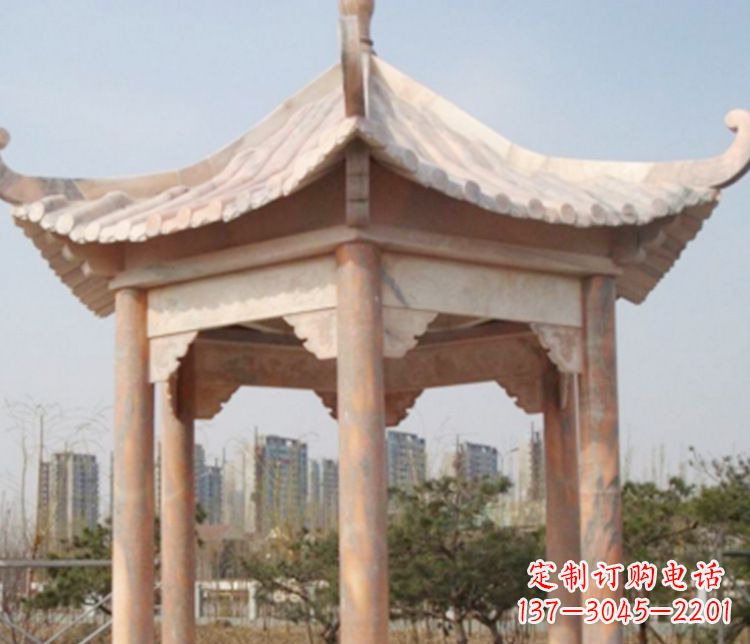 宁夏园林晚霞红六角石凉亭景观石雕