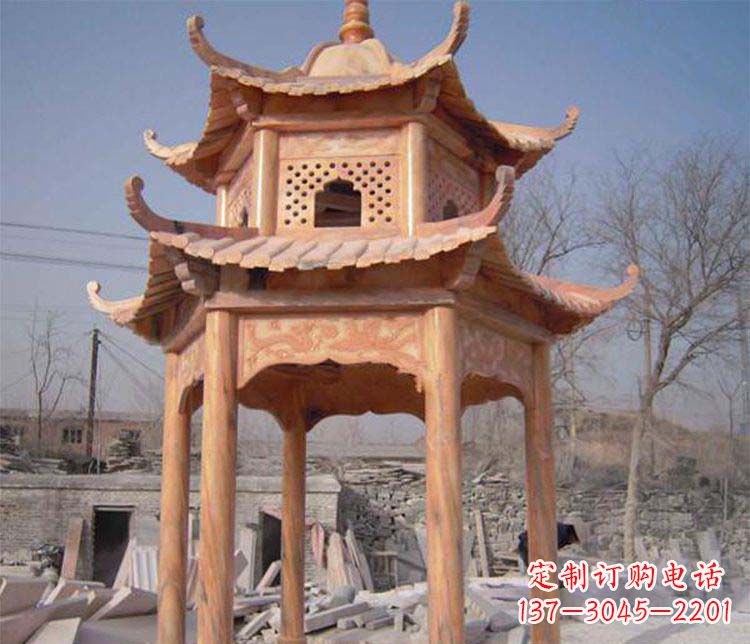 宁夏园林晚霞红石凉亭景观石雕