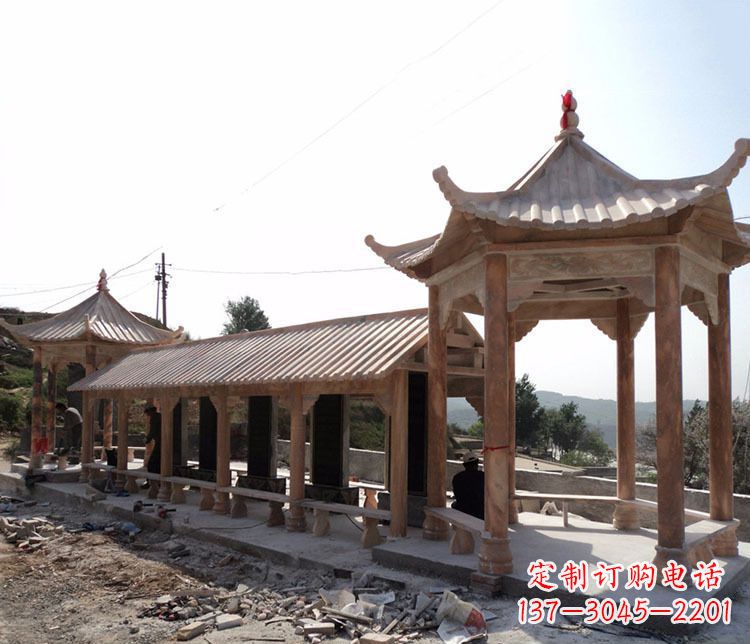 宁夏园林晚霞红长廊凉亭景观石雕