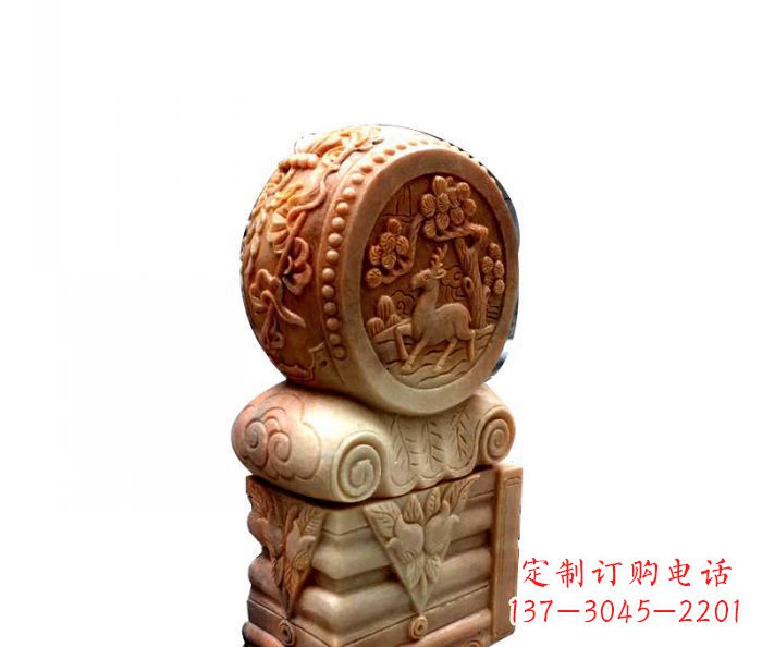 宁夏招财石门墩晚霞红抱鼓石